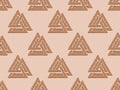 Seamless pattern with Valknut in pixel art style. Pixelated Valknut. Weaving three worlds. Style of 8-bit retro games from the 80s
