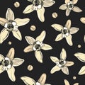 Seamless pattern with vaniilla flowers.Vanilla flower on the grey background.Great for fabrics, wallpaper,packaging Royalty Free Stock Photo