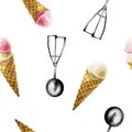 Seamless pattern with vanilla and strawberry, raspberry ice cream in crispy waffle cone. Silver scoop spoon. Hand