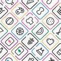 Seamless pattern of varied black outline icons in colorful rounded squares, forming a vibrant diagonal grid Royalty Free Stock Photo