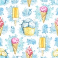 Watercolor seamless pattern with set varied ice creams on blue stains backdrop