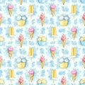 Watercolor seamless pattern with set varied ice creams on blue stains backdrop