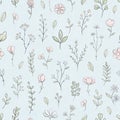 Watercolor seamless floral blue pattern with varied leaves and plants