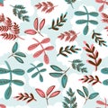 Seamless pattern of a variety of blue, teal and coral red branches, leaves and sprigs on a light blue background with