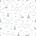 Seamless pattern with variety scientific, education elements: flask, formula, pestle and other. Design for banner, poster or print