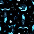 Seamless pattern with various black Axolotls, stars and constalations on vlack background for baby clothes, bed linen