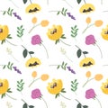 Seamless pattern with various blooming flowers and leaves, botanical elements. Vector pattern. Royalty Free Stock Photo