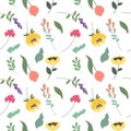 Seamless pattern with various blooming flowers and leaves, botanical elements. Vector pattern. Royalty Free Stock Photo