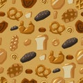 Seamless pattern of various bread types. Waffles, loaf, baguette, bun, pretzel, croissant and other baked goods Royalty Free Stock Photo