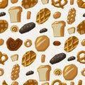 Seamless pattern of various bread types. Waffles, loaf, baguette, bun, pretzel, croissant and other baked goods Royalty Free Stock Photo