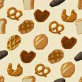 Seamless pattern of various bread types. Waffles, loaf, baguette, bun, pretzel, croissant and other baked goods Royalty Free Stock Photo