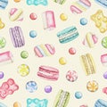 Watercolor seamless pattern with various bright sweets