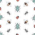 Seamless pattern with various bugs. Firebug, ant, flower chafer, honey bee, ladybug on white background