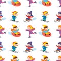 Seamless pattern with various children go in for winter sports. Active spending winter time. School kids with ski, sledges, skates