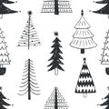 Seamless pattern with various Christmas trees, firs or spruces drawn with outlines on white background. Backdrop with