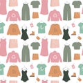 Seamless pattern with various clothes made from ethical materials. Recycled textiles and clothing. Concept of sustainable fashion