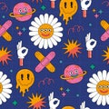 Seamless pattern with various colored abstract shapes and cute funny comic characters Royalty Free Stock Photo