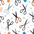 Seamless pattern with various colorful scissors and sewing accessories on a white background Royalty Free Stock Photo