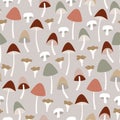 Seamless pattern with various colorful whole and cut mushrooms. Agaric, chanterelle and galerina fungi vector