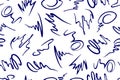 Seamless pattern of various dark blue ink doodle design elements on white background.