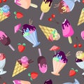 Seamless pattern of various delicious ice creams on a dark gray background