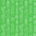 Seamless pattern with various doodle potted cacti on a green background.