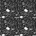 Seamless pattern with various elements for school drawn in chalk on black background