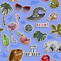 Seamless pattern with various exotic colorful objects. Summer travel concept