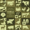 Seamless pattern of various farm animals on dark backgrounds from vector icons.