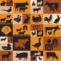 Seamless pattern of various farm animals on dark backgrounds from vector icons.