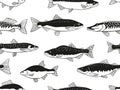 Seamless pattern various fish. Vector black and white graphics