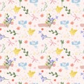 Seamless pattern with various flowers in hand, bird, butterflies, hearts. Spring flowering. Floral pattern can be used