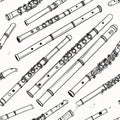 Seamless pattern of various flutes and wind instruments in a hand-drawn sketch style, musical background Royalty Free Stock Photo