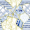 Seamless pattern of various fragments - Kintsugi concept, broken dishes, patchwork with gold cracks and blue ornament