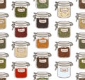 Seamless pattern with various ground spices or piquant condiments stored in glass jars on white background. Hand drawn