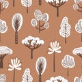 Seamless pattern with various hand drawn trees on brown background. Backdrop with forest flora. Colorful vector