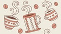 Seamless pattern of various hot drink cups with charming heart details, vector design Generative AI Royalty Free Stock Photo