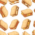 Seamless pattern. Various icon collection of meat and vegetable sandwiches. Two pieces of bread. Sweet tasty breakfast or fast Royalty Free Stock Photo