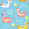 Seamless pattern with various inflatable swimming pool rings and trendy lettering. Summer rest and vacation collage.