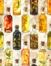 Seamless Pattern of Various Infused Olive Oils and Vinegars in Glass Bottles Royalty Free Stock Photo