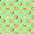 Seamless pattern with various kawaii sushi. Green background