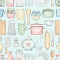 Seamless pattern with various kitchenware, grocery products and tableware Royalty Free Stock Photo