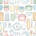 Seamless pattern with various kitchenware, grocery products and tableware Royalty Free Stock Photo