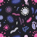 Seamless pattern with various microorganisms isolated on black background - germs, pathogens, protozoa, microbes