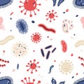 Seamless pattern with various microorganisms on white background. Backdrop with infectious germs, protists, microbes Royalty Free Stock Photo