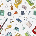 Seamless pattern with various musical instruments, symbols, objects and elements.