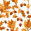 Seamless pattern various oak autumn leaves with acorn flat vector illustration on white background Royalty Free Stock Photo