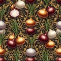 Seamless Pattern of Various Onions on an Ornate Background Royalty Free Stock Photo