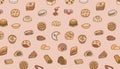 A seamless pattern of various pastries and desserts. Royalty Free Stock Photo