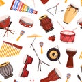 Seamless pattern with various percussion instruments flat style